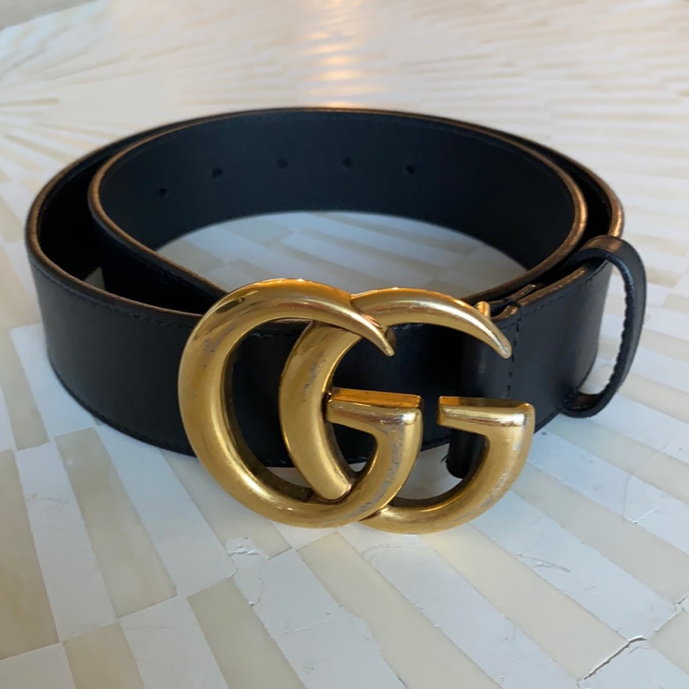 Gucci Wide Leather Black Belt Double G Gold Buckle